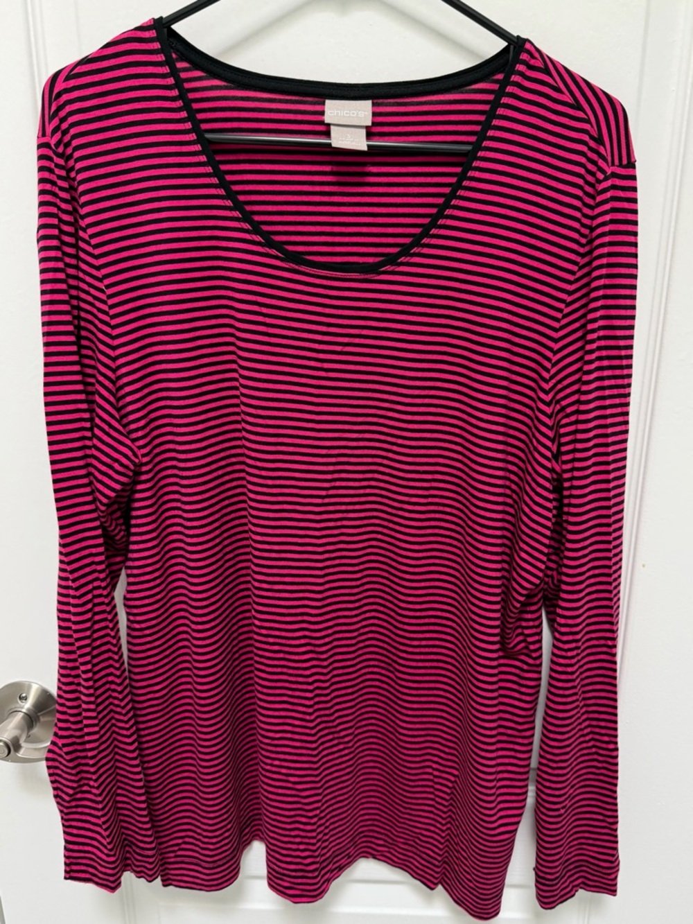 Chico's Hot Pink and Black Striped Scoop Neck Long-Sleeve Top, Size XL